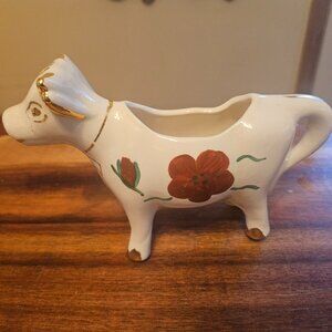 vintage ceramic cow creamer 1940s  painted roses on both sides gold trim